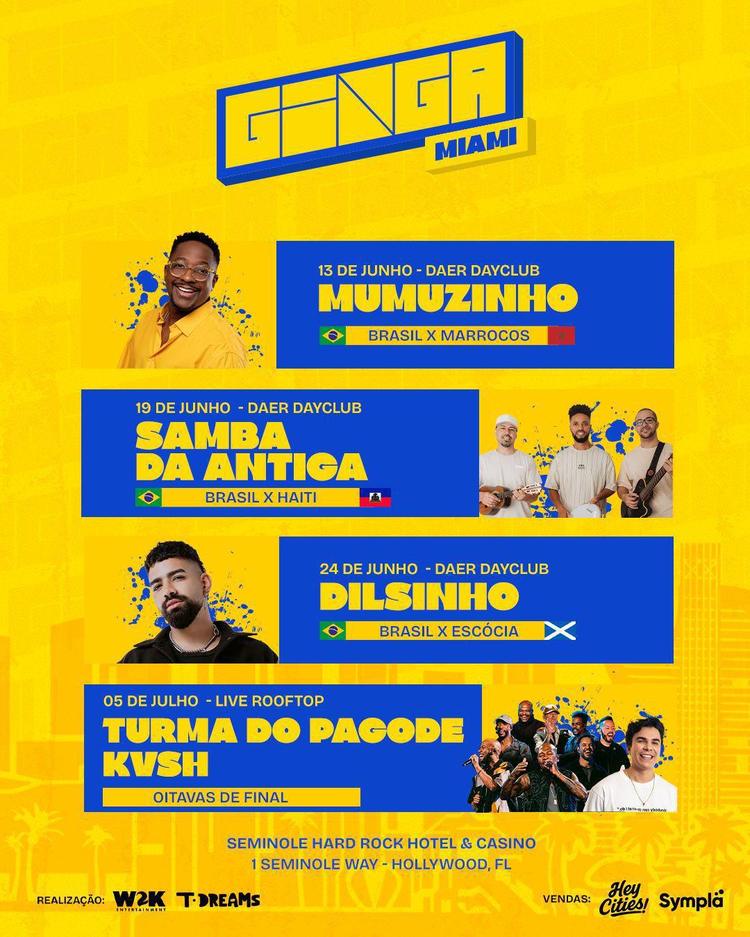 GINGA leva experiência da Copa a Miami com shows de Dilsinho, Mumuzinho, Turma do Pagode, KVSH e Samba da Antiga