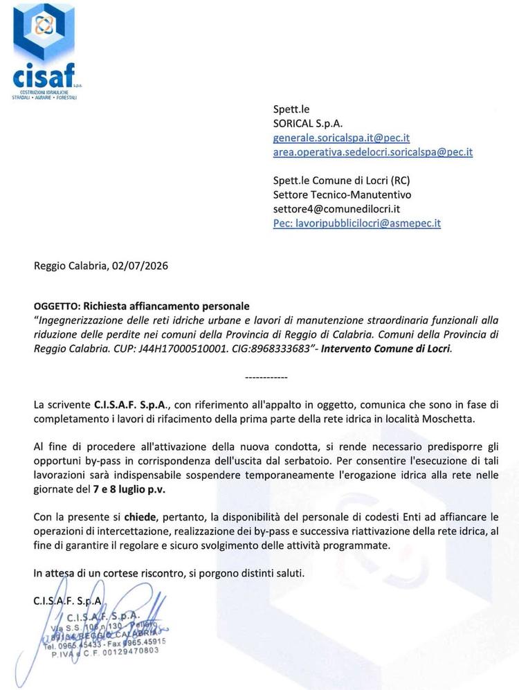 🔴 COMUNICAZIONE Cisaf per martedì 7 e mercoledì 8 Luglio