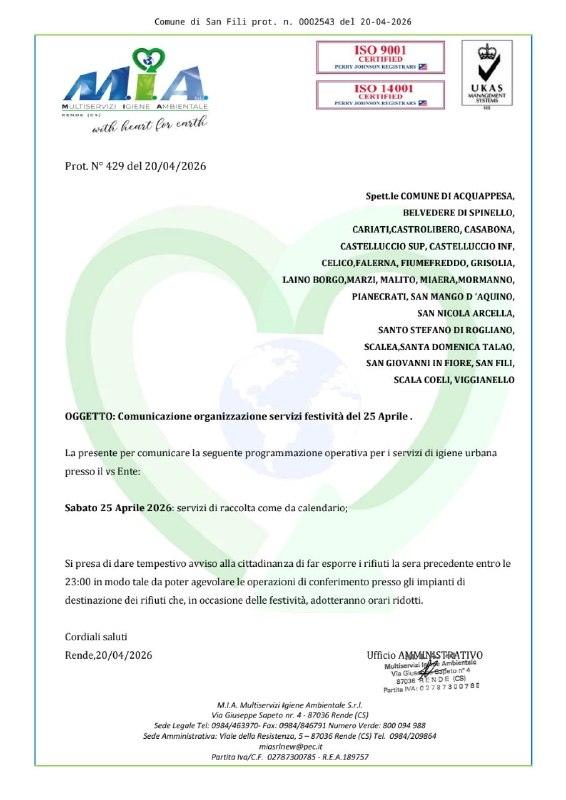 𝐀𝐯𝐯𝐢𝐬𝐨 - 𝟐𝟓 𝐚𝐩𝐫𝐢𝐥𝐞 𝐒𝐞𝐫𝐯𝐢𝐳𝐢 𝐑𝐞𝐠𝐨𝐥𝐚𝐫𝐢 𝐝𝐢 𝐑𝐚𝐜𝐜𝐨𝐥𝐭𝐚 𝐃𝐢𝐟𝐟𝐞𝐫𝐞𝐧𝐳𝐢𝐚𝐭𝐚 Si com...