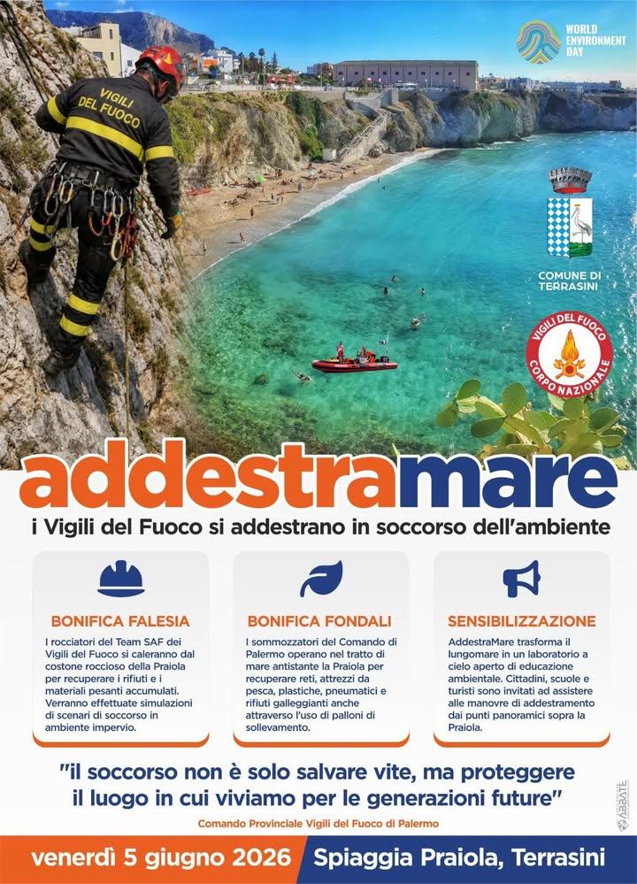 🌊🚒 “AddestraMare” arriva a Terrasini! In occasione della Giornata Mondiale dell’Ambiente, venerdì 5 giugno 2026 la spl...