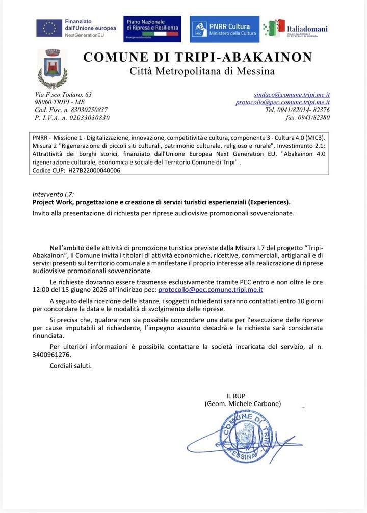 📢 AVVISO PUBBLICO: VALORIZZAZIONE TURISTICA DEL TERRITORIO 🧑‍💻 Nell’ambito del progetto "Abakainon 4.0" (PNRR Cultura...