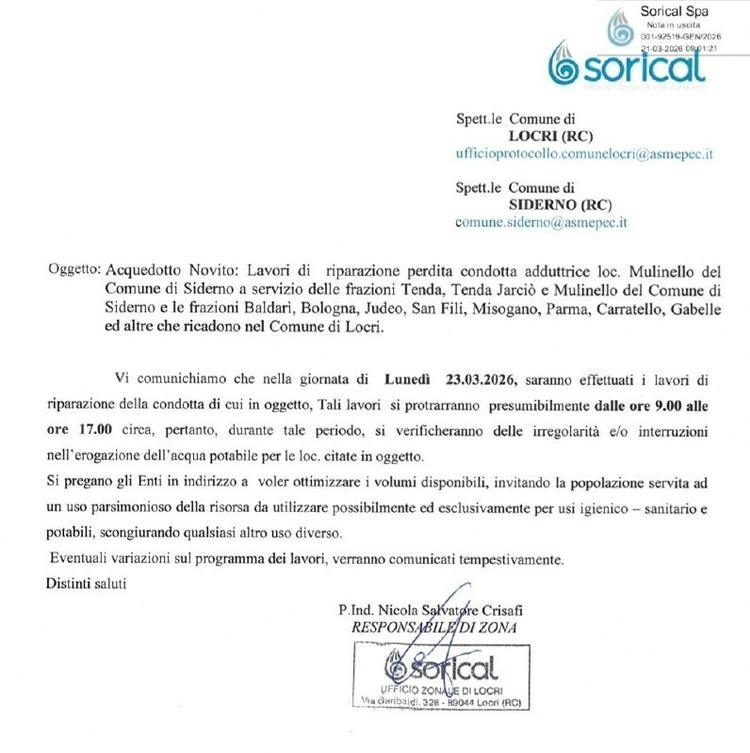 Lavori di riparazione per perdita condotta aduttrice loc. Mulinello