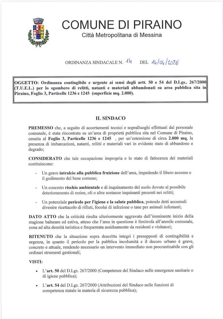 📌Ordinanza contingibile e urgente per lo sgombero di relitti, natanti e materiali abbandonati su area pubblica sita in...
