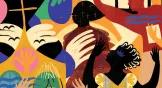 A painting of people and a church