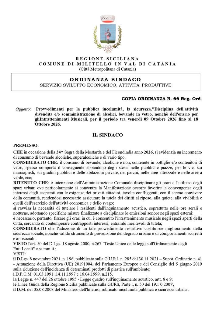 Ordinanza Sindacale n. 66 del 07/10/2026 Provvedimenti per la pubblica incolumità, la sicurezza. "Disciplina dell'attivi...