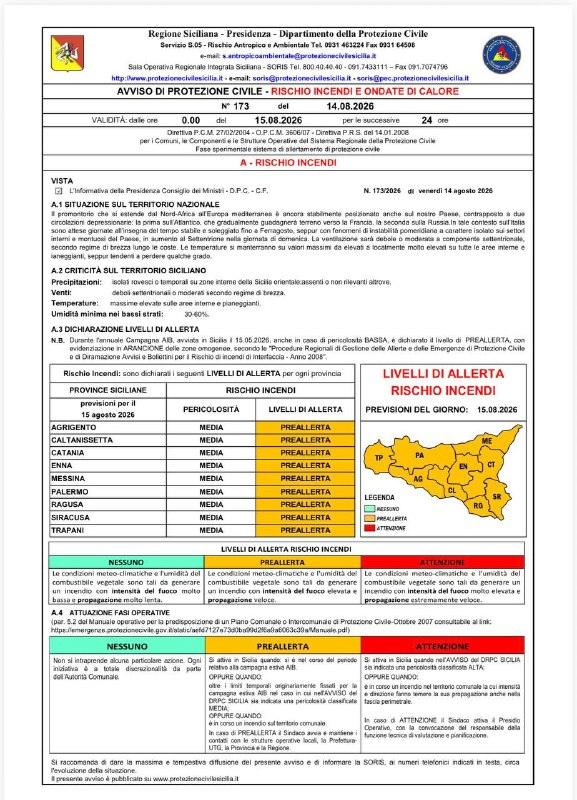Sabato 15.08.2026. Pericolosità incendi MEDIA su tutte le province , con dichiarato LIVELLO DI PREALLERTA RISCHIO INCEND...