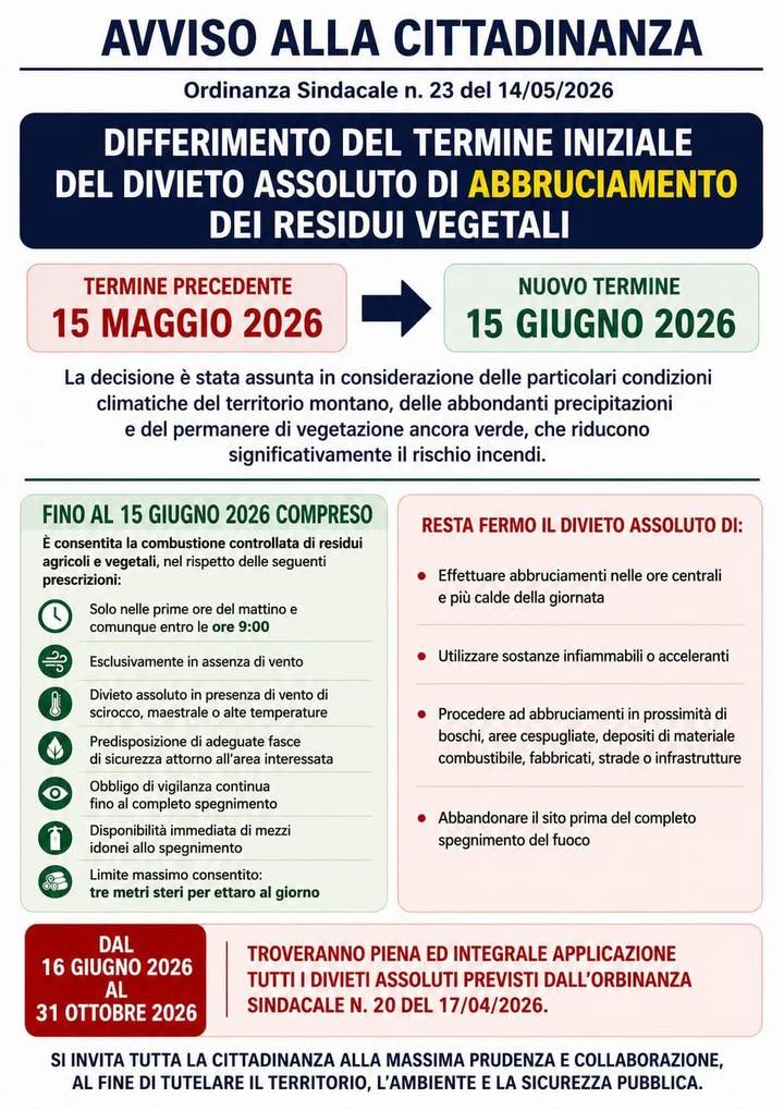 ⚠️ AVVISO ALLA CITTADINANZA ⚠️ Si informa la cittadinanza che, con Ordinanza Sindacale n. 23 del 14/05/2026, è stato dis...