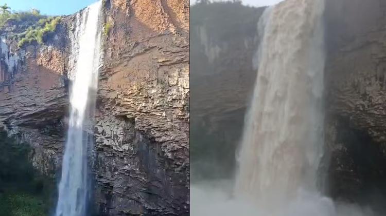 'Fiquei apavorado': Morador registra força da água em cachoeira antes e depois da forte chuva no RS; VÍDEO