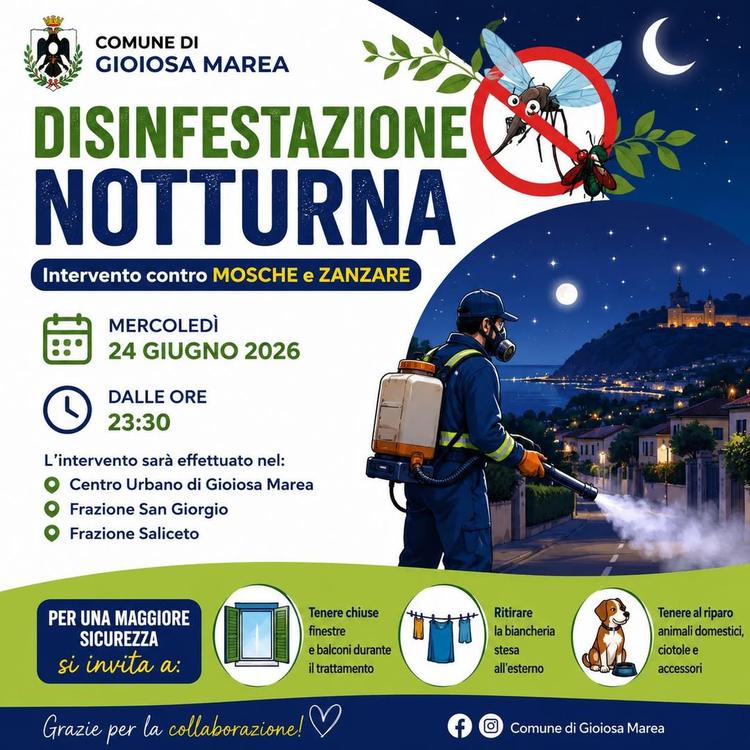 🦟 DISINFESTAZIONE IN PROGRAMMA Informiamo i cittadini che nella notte di 📅 24 Giugno 2026... 🕦 dalle ore 23:30 sarà e...