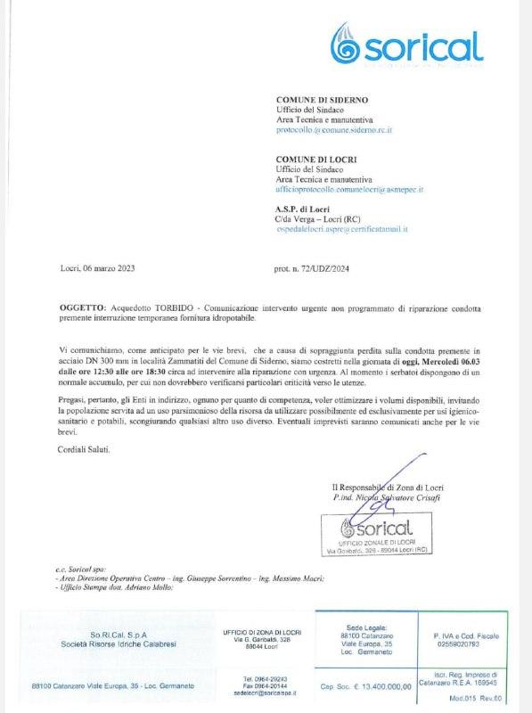 Avviso Città di Locri. Interruzione temporanea fornitura idropotabile.