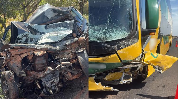 Motorista de carro invade a contramão e morre após bater contra ônibus na BR-262, em Uberaba