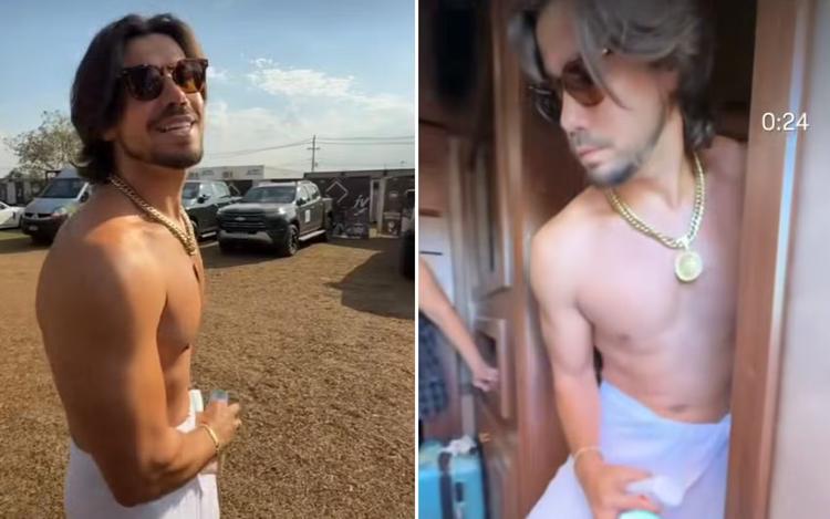 Cantor Mariano anda só de toalha pelo camping de Barretos após trailer ficar sem água