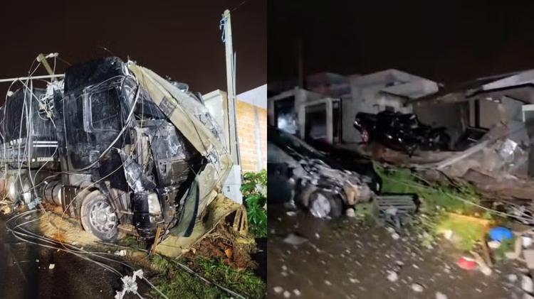 Carreta desgovernada desce rua no PR e atinge postes, casas e veículos; motorista havia parado para jantar