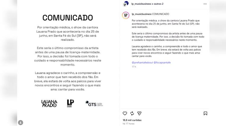 Lauana Prado cancela show em Santa Fé do Sul por orientação médica na reta final da gravidez