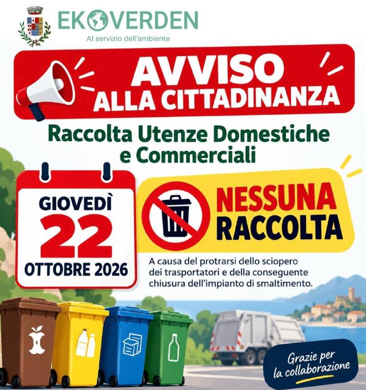 ⚠️ -Domani giovedì 22 ottobre la raccolta dei rifiuti non sarà effettuata a causa della chiusura dell’impianto di smalti...