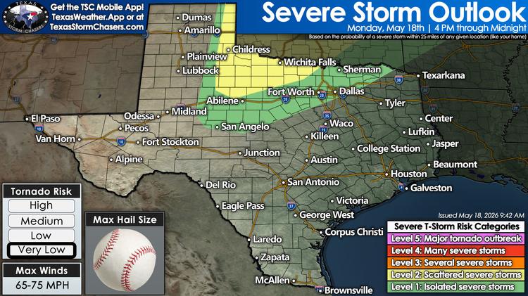 Severe storm outlook for Texas on Monday, May 18, showing isolated to scattered severe storm risk from West Texas into North Texas.