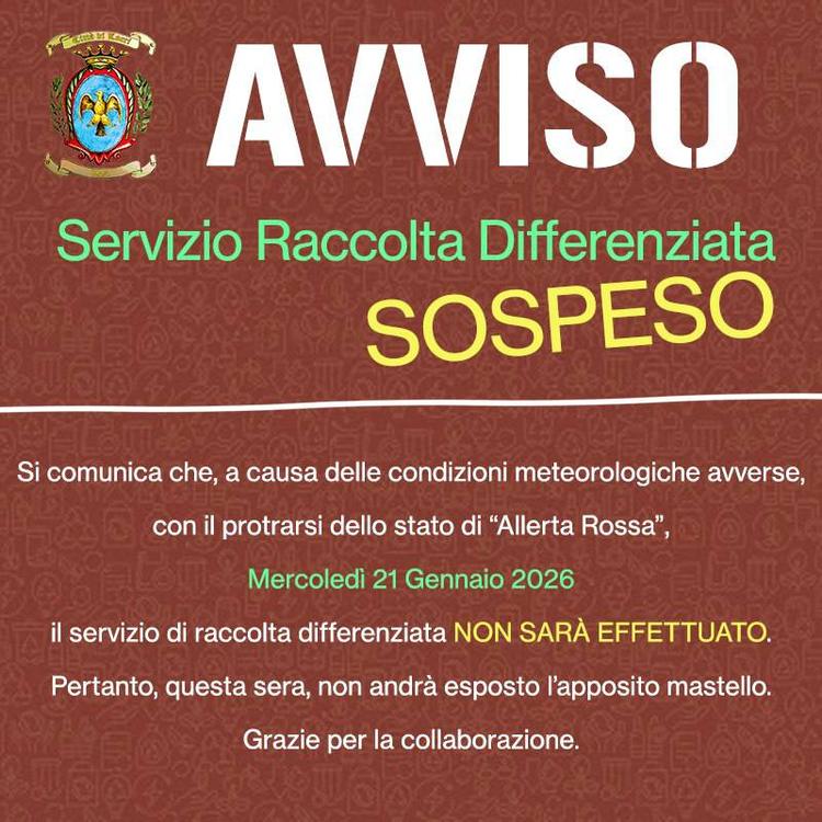 ❗️ -Si comunica che, a causa delle condizioni meteorologiche avverse, con il protrarsi dello stato di “Allerta Rossa” 🔴...