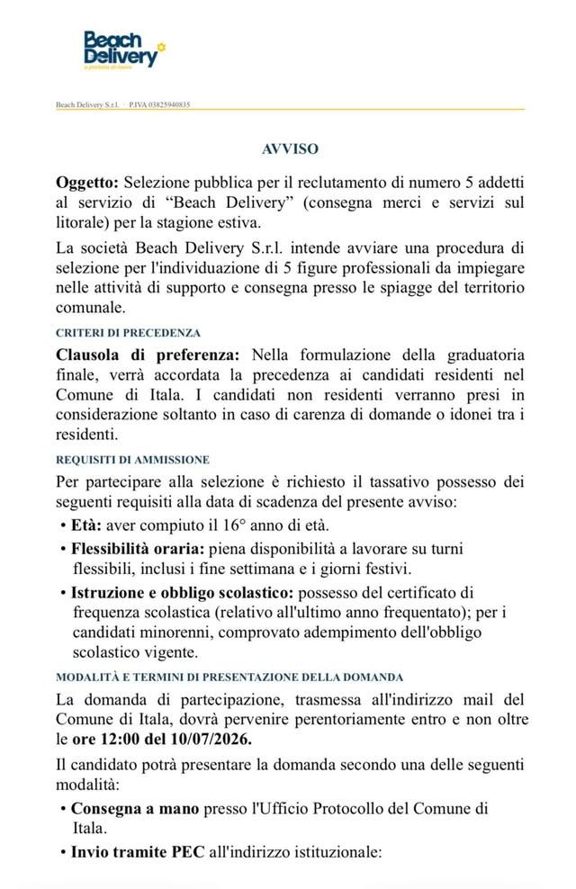 📣AVVISO SELEZIONE PUBBLICA PER IL RECLUTAMENTO DI N 5 ADDETTI AL SERVIZIO DI BEACH DELIVERY 🏖️☀️