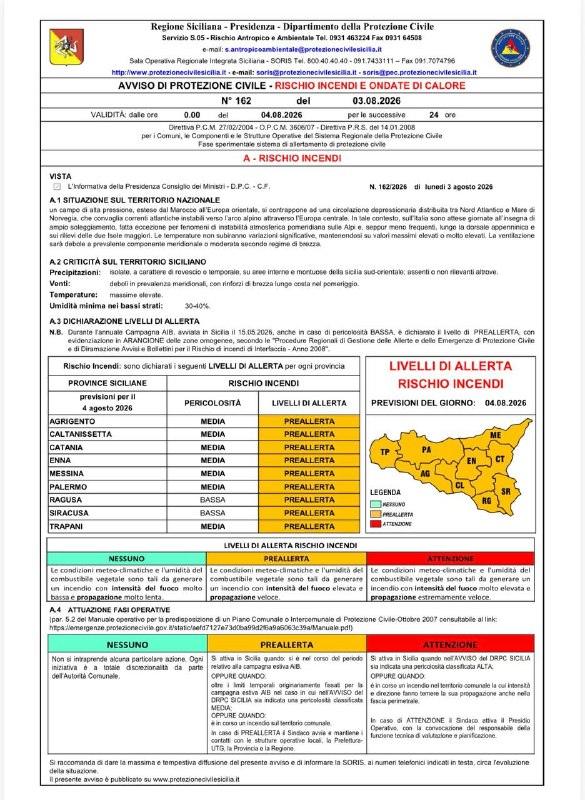Martedì 04.08.2026 pericolosità incendi MEDIA sulle province di AG, CL, CT, EN, ME, PA e TP, BASSA sulle province di RG...