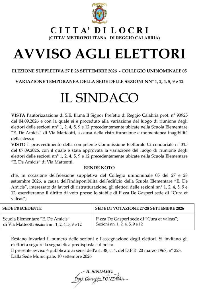 🔷 Avviso agli elettori: Elezione Suppletiva 27 e 28 Settembre 2026 - Collegio Uninominale 05 ✅ Variazione temporanea de...