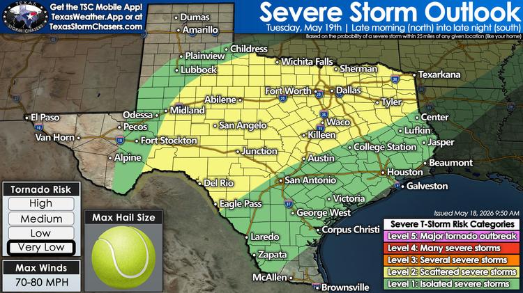 Severe storm outlook for Texas on Tuesday, May 19, showing scattered severe storm risk from West Texas through North and Central Texas.