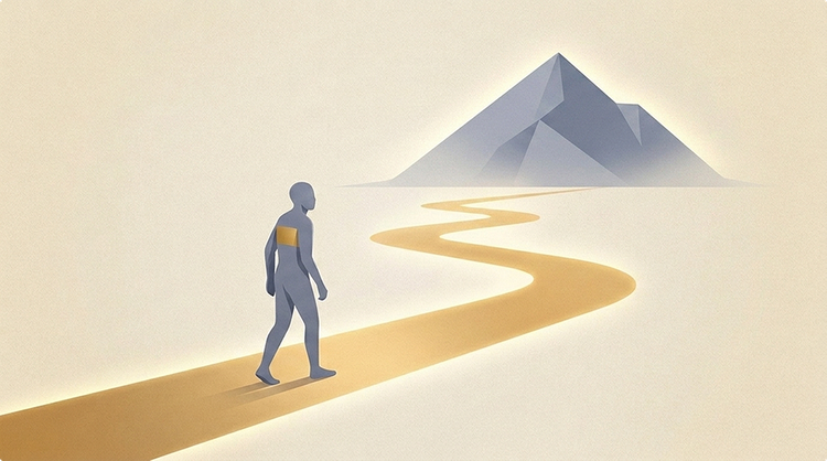 A lone figure walks along a winding golden path, a faint grey mountain peak off to one side, looking at the path ahead rather than at the summit.