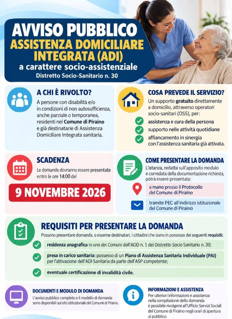 📢 AVVISO PUBBLICO – SERVIZIO DI ASSISTENZA DOMICILIARE INTEGRATA (ADI) Il Comune di Piraino informa la cittadinanza che...