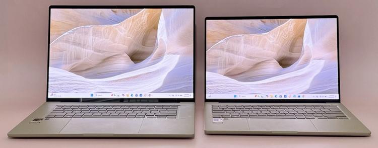 the asus zenbook a16 and a14 against a pink background