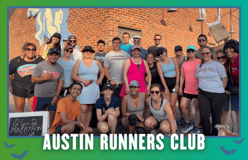 A diverse group of smiling runners poses together outside a brick building under a sign reading “26.2 Marathon Shoes.” The teal-bordered image highlights Austin Run Clubs with “Austin Runners Club” in bold white text below. Austin Marathon Half Marathon & 5K