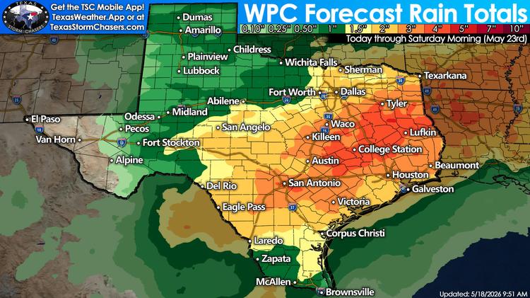 WPC forecast rain totals for Texas through Saturday morning, May 23, showing the heaviest rainfall across Central, East, and Southeast Texas.