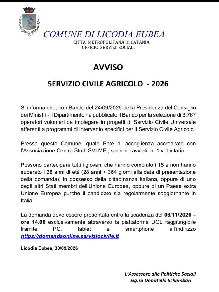 📣 AVVISO SERVIZIO CIVILE AGRICOLO