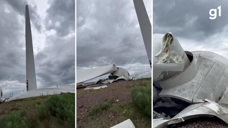 Turbina de parque eólico cai durante vendaval na fronteira entre Brasil e Uruguai; VÍDEO mostra como ficou o local