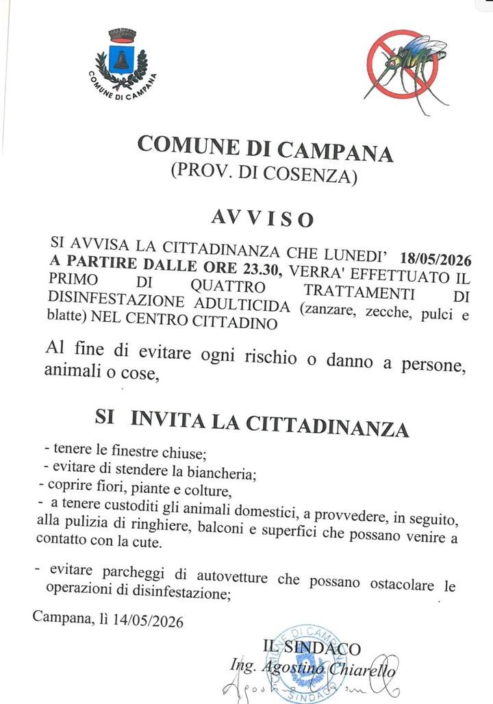 AVVISO  Intervento di DISINFESTAZIONE  (Adulticida : Zanzare - Pulci - Zecche - Blatte... ) Si comunica alla cittadinanz...