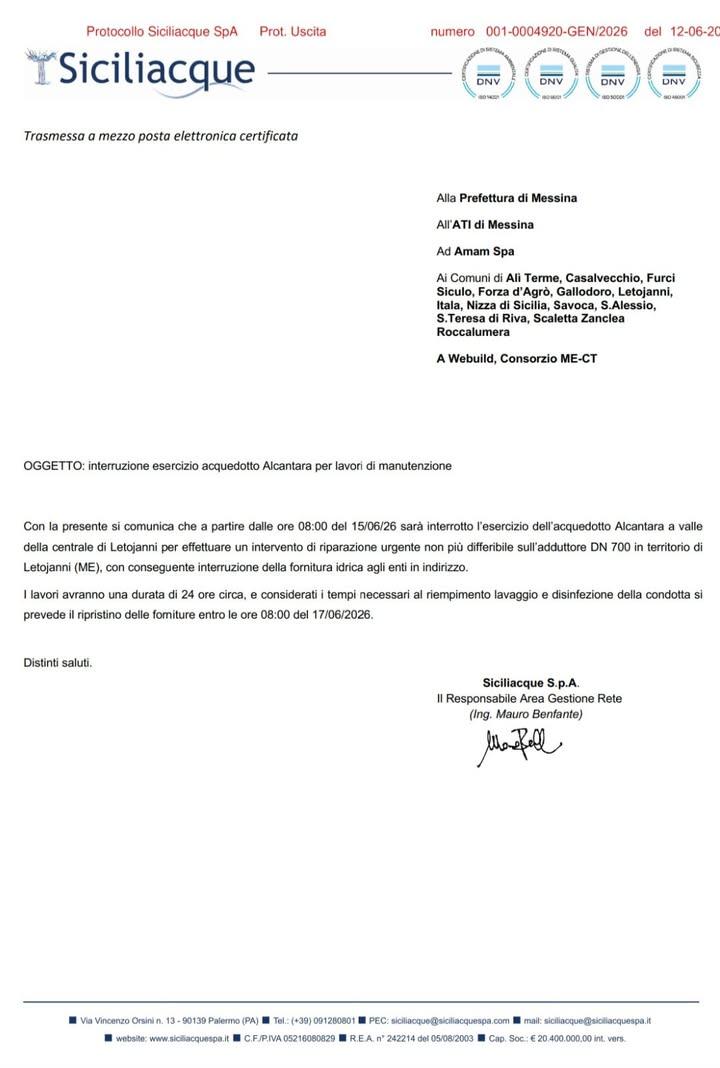 ⚠️🚱ATTENZIONE AVVISO INTERRUZIONE IDRICA 15 GIUGNO Siciliacque ha reso noto che a partire dalle ore 8:00 del 15 giugno...