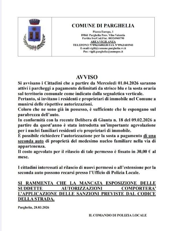 AVVISO: Attivazione strisce blu