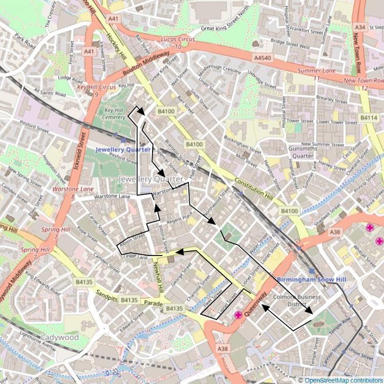 Route overview of the Jewellery Quarter Walk 