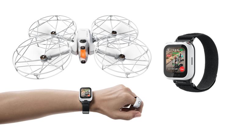 The Antigravity A1 Follow Me Bundle, showing the Watch and Ring remotes on an arm, and the Propeller Guards on an A1 drone. A larger picture of the Watch remote is on the right.