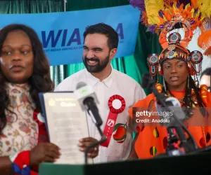 Then mayoral candidate Zohran Mamdani with cultural performers during the kickoff ceremony of the West Indian American Day Parade and Carnival in Brooklyn, New York on September 1, 2025.