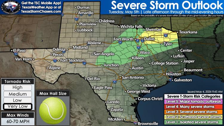 Texas severe storm outlook map for Tuesday, May 5, showing isolated to scattered severe storm risk from Central Texas into North and Northeast Texas, including Dallas-Fort Worth.