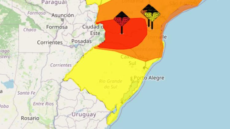 RS tem aviso vermelho do Inmet para chuva com vento de até 100 km/h e granizo; confira a previsão do tempo