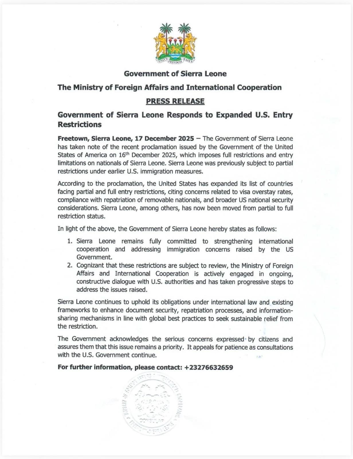 SIERRA LEONE ENGAGES U.S. OVER ENTRY BAN, PLEDGES ENHANCED COOPERATION