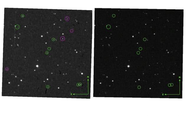 Die digitalisierten Fotoplatten der „Palomar Sky Survey“. Am 12. April 1950 zeigte die Aufnahme „POSS-I E“ (l.) neun „Sterne“ (grüne Kreise) die auf späteren Aufnahmen seither nicht mehr zu sehen waren (r.). Die pinkfarbenen Kreise markieren identifizierte Artefakte des Scan-Vorgangs. Copyright/Quelle: Palomar Sky Survey / Villarroel et al. 2021