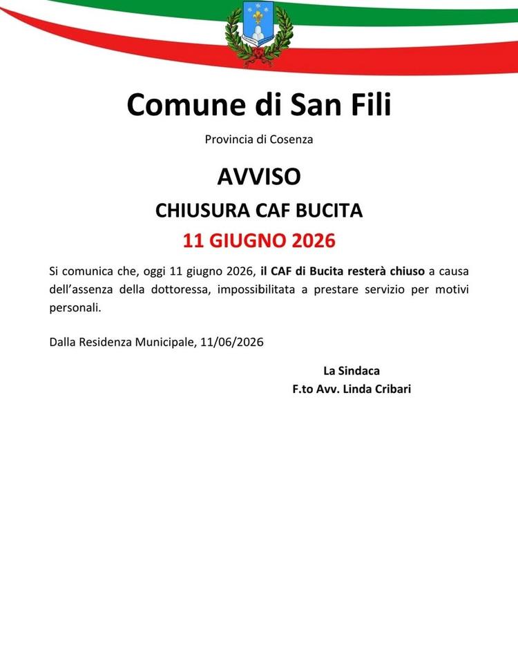 𝐀𝐯𝐯𝐢𝐬𝐨 - 𝐂𝐡𝐢𝐮𝐬𝐮𝐫𝐚 𝐂𝐀𝐅 𝐁𝐮𝐜𝐢𝐭𝐚 📍 giovedì 11 giugno 2026