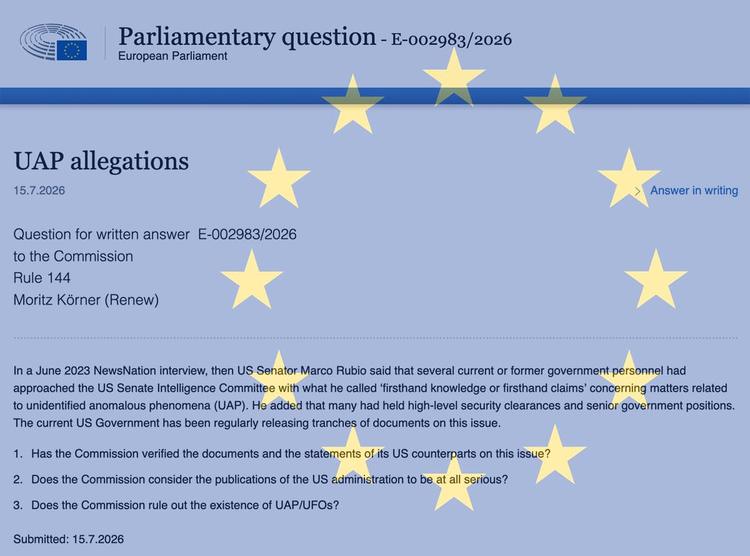 Parliamentary Question: EU Space Commissioner Comments on UFOs and UAPs