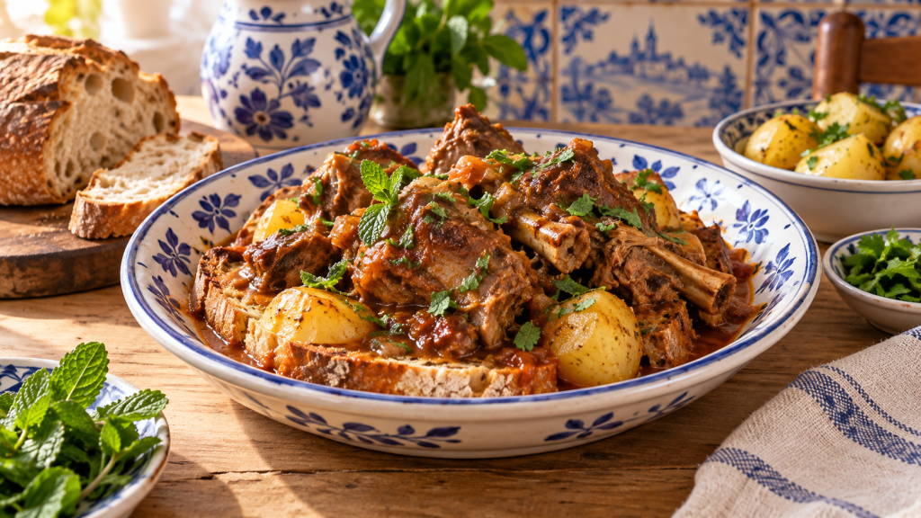 Ensopado de Borrego — Ragoût d’agneau de l’Alentejo sur pain rustique