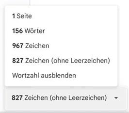Statistik zu Seiten, Wörtern und Zeichen
