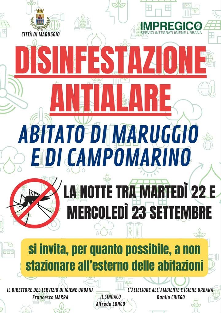 ⚠️ 𝗗𝗜𝗦𝗜𝗡𝗙𝗘𝗦𝗧𝗔𝗭𝗜𝗢𝗡𝗘 𝗔𝗡𝗧𝗜𝗔𝗟𝗔𝗥𝗘 🦟 Si informa la cittadinanza che la notte tra martedì 22 settembre...