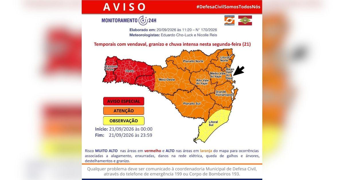 Defesa Civil alerta para temporais e chuva intensa nesta segunda-feira em BC e região
