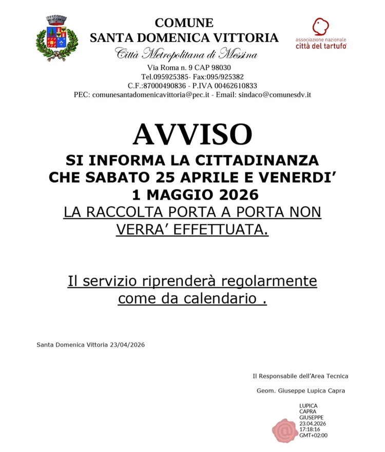 📢 AVVISO ALLA CITTADINANZA Si informa che in occasione delle festività: 🗓 Sabato 25 Aprile 2026 🗓 Venerdì 1 Maggio 20...