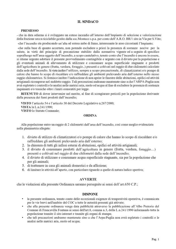 ⚠️ ORDINANZA DEL SINDACO – Incendio in via per S. Vito A seguito dell'incendio sviluppatosi presso il centro di raccolta...